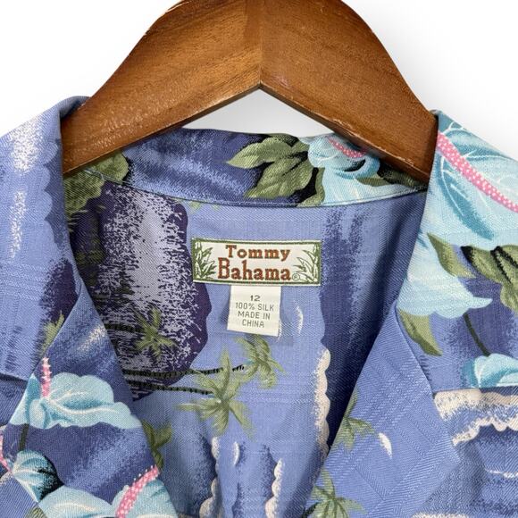Tommy Bahama Tropical Print Silk Button Front Shirt Dress 12 Blue Hawaiian Beach - Picture 2 of 9